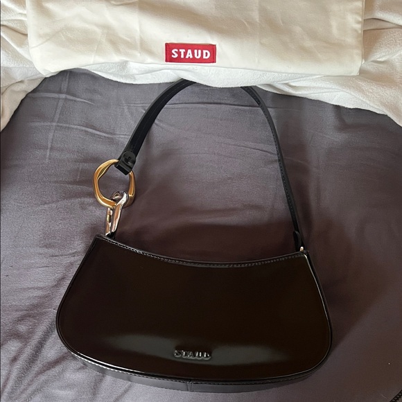 STAUD Handbags - STAUD Black Patent Shoulder Bag with Gold Hardware